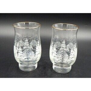 Arby’s Promo Glass Tumbler Winter Christmas Libbey Etched Snow & Trees Gold S/2